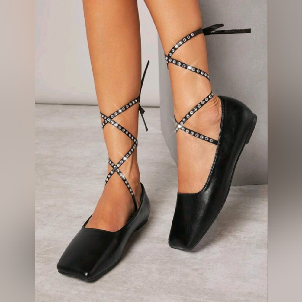 Black Rhinestone Flats